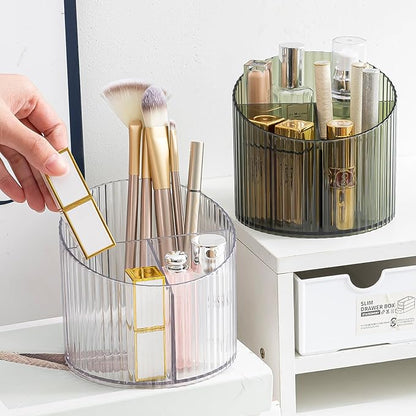 DASITON 3 Slots Makeup Brush Holder, Acrylic Makeup Brush Cup, Vintage Striped Make Up Brush Holder for Vanity Decor, Bathroom Countertops, Desk Storage Container, Cosmetic Display Cases (Green)