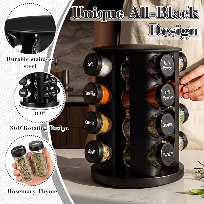 Yungyan Black Rotating Spice Rack Seasoning Organizer with 16 Empty Jars, Spice Containers Set with Labels and Funnel, Revolving Seasoning Rack for Kitchen Accessories (Stainless Steel,Glass)