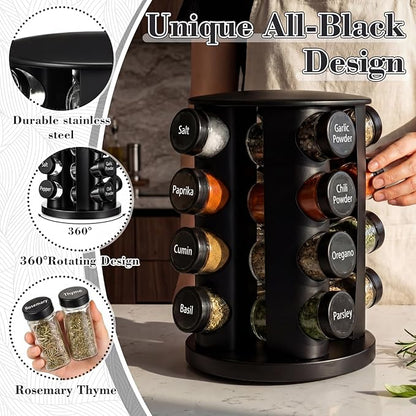 Yungyan Black Rotating Spice Rack Seasoning Organizer with 16 Empty Jars, Spice Containers Set with Labels and Funnel, Revolving Seasoning Rack for Kitchen Accessories (Stainless Steel,Glass)