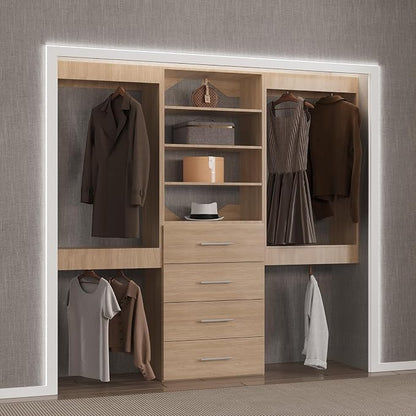 Modular Closet System, 90" Wide Closet Organizer System with Hanging and Drawers, Wood Tower Closet Storage for Walk In Closets, Wall Mounted Wardrobe Organizer Kit System, Bedroom, Wood