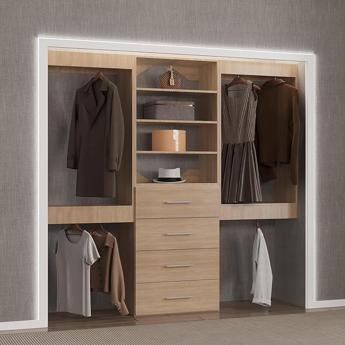 Modular Closet System, 78" Wide Closet Organizer System with Hanging and Drawers, Wood Tower Closet Storage for Walk In Closets, Wall Mounted Wardrobe Organizer Kit System, Bedroom, Wood