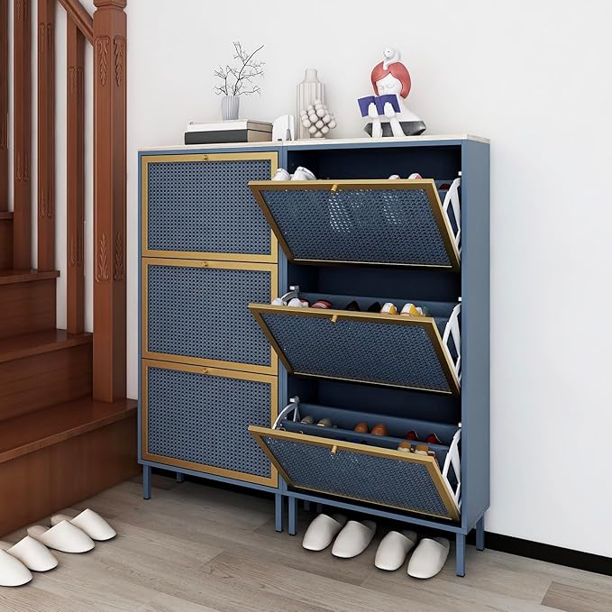 Shoe Storage Cabinet for Entryway - Shoe Cabinet Organizer with Metal Rattan 3 Flip Drawer,Wood Free Standing Rack, Hidden Slim Shoe Cabinet for Hallway, Living Room, Bathroom (Blue)