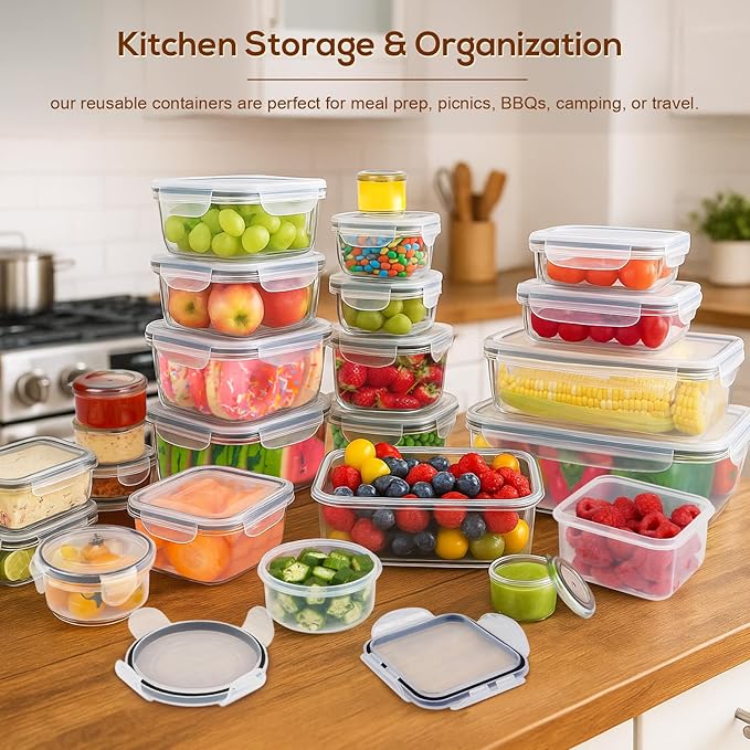 50 PCS Thicker Food Storage Containers with Lids, Clear Stackable Airtight Leakproof Reusable Plastic Meal Prep Container Set for Kitchen Storage/ Lunch, Fridge/ Microwave Safe with Labels&Pen