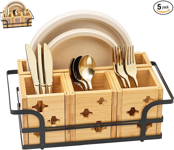 Silverware Caddy Wood Utensil Holder Silverware Utensil Caddy Cutlery Flatware Paper Plate Dispenser Organizer for Spoons Forks Plates Napkins (Star)