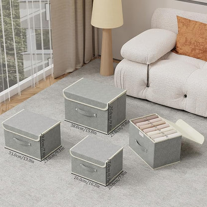 Storage Boxes, Collapsible Storage Bins with Lids, Cotton and linen cloth Storage Baskets with Handle, for Books, Closet, Bedroom, Home, Grey, 3 Pack 10.2 X 7.9 X 6.7in