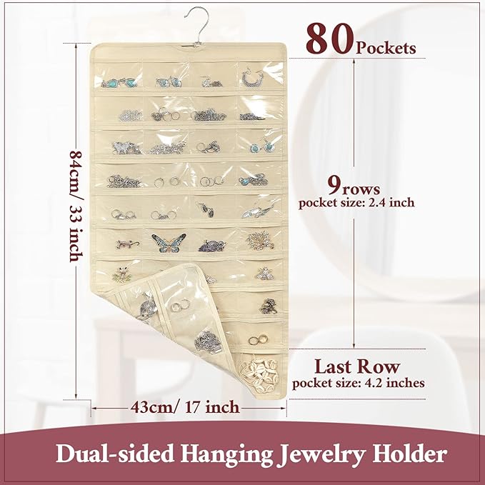 Kenning 4 Pcs Hanging Jewelry Organizer with 80 Pockets Earring Storage Organizer Dual Sided Earring Holder Necklace Hanger Closet for Bracelet, Necklace, Ring, Knitting Tool, Accessories, Beige