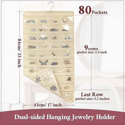 Kenning 4 Pcs Hanging Jewelry Organizer with 80 Pockets Earring Storage Organizer Dual Sided Earring Holder Necklace Hanger Closet for Bracelet, Necklace, Ring, Knitting Tool, Accessories, Beige