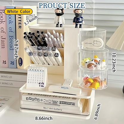 Makeup Organizer with 3 Rotating & Dustproof Drawers, Large Capacity Cosmetic Storage Box with Makeup Brush Holder, Make up Organizers for Vanity, Dresser, Bathroom (White)