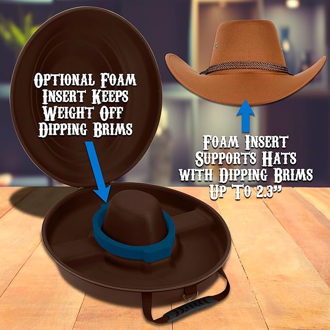 CASEMATIX Cowboy Hat Box - Portable Hat Storage for Brims Up To 4.75" - Hard Shell Case with Carry Strap, ID Slot and Foam Insert for Dipping Brims, Brown