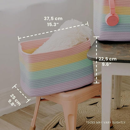 Pastel Rainbow Cotton Rope Baskets for Shelves, Set of 3-15"×10"×9½" - Colorful Storage Baskets for Kids - Nursery, Playroom, Classroom - Toy Storage, Books, Towels