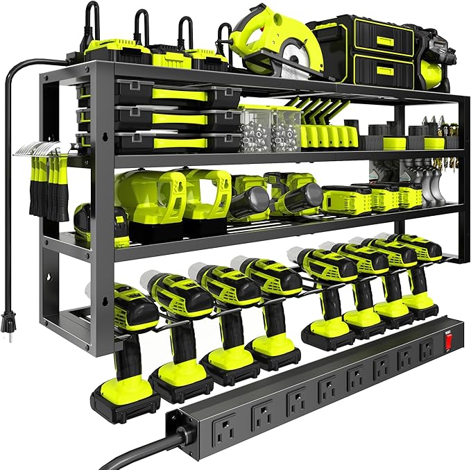 Large Power Tool Organizer Wall Mount with Charging Station, 8 Outlet Power Strip, 4 Layers 8 Drill Holder Heavy Duty Metal Tool Storage Loads 420lbs with Screwdriver Holder, Utility Racks for Garage