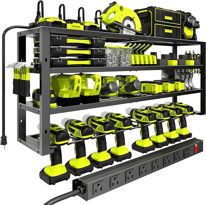 Large Power Tool Organizer Wall Mount with Charging Station, 8 Outlet Power Strip, 4 Layers 8 Drill Holder Heavy Duty Metal Tool Storage Loads 420lbs with Screwdriver Holder, Utility Racks for Garage