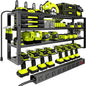 Large Power Tool Organizer Wall Mount with Charging Station, 8 Outlet Power Strip, 4 Layers 8 Drill Holder Heavy Duty Metal Tool Storage Loads 420lbs with Screwdriver Holder, Utility Racks for Garage