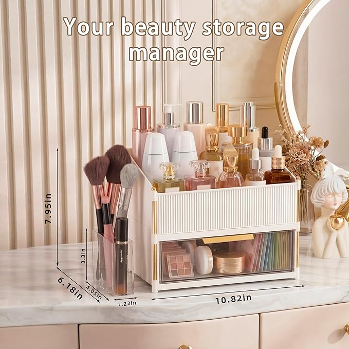 Large Capacity Makeup Organizer Countertop with Brush Holder, Vanity Skincare Perfume Storage Box for Bathroom, Mother's Day Birthday Anniversary Teen Girl Gifts for Women Mom