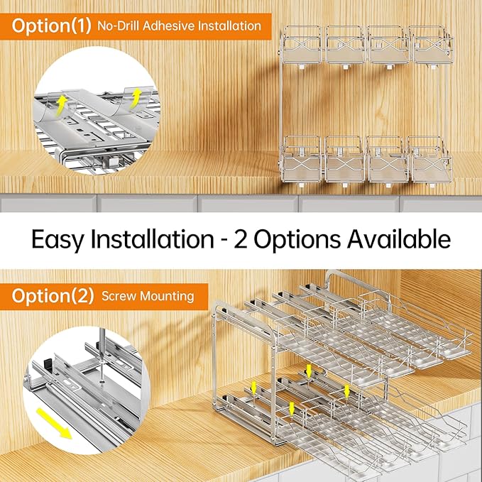 Pull Out Spice Rack Organizer for Cabinet, 2 Tier Individual Slide Drawer, Chrome Cabinet Spice Organizer, Fits 4oz Spice Jars(Max Diameter 2.0in), Height Adjustable Spice Rack,2 Installation Methods