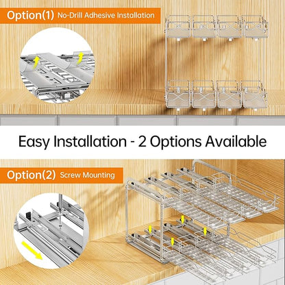 Pull Out Spice Rack Organizer for Cabinet, 2 Tier Individual Slide Drawer, Chrome Cabinet Spice Organizer, Fits 4oz Spice Jars(Max Diameter 2.0in), Height Adjustable Spice Rack,2 Installation Methods