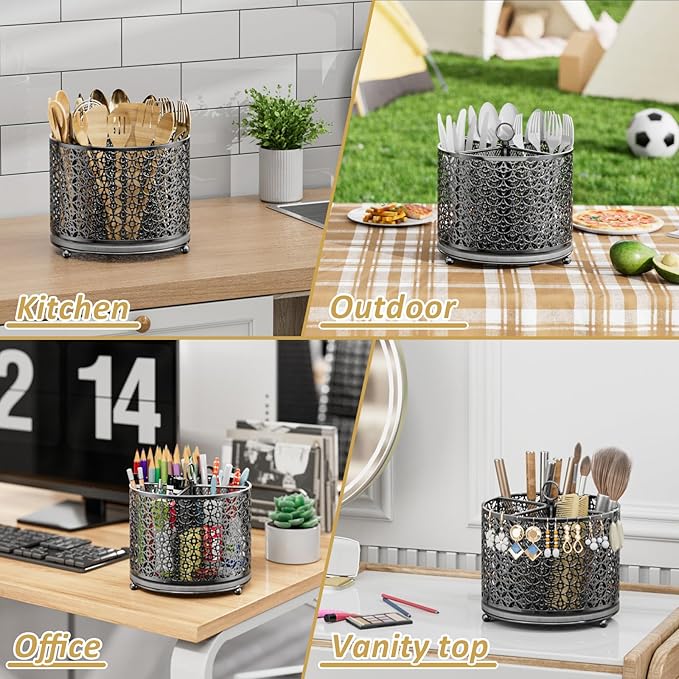 OVICAR 360° Rotating Utensil Holder Caddy - Fast-Drying Silverware Flatware Organizer - 4 Compartment Large Cutlery Holder with Handle For Kitchen Countertop Party Office Picnic Table Black