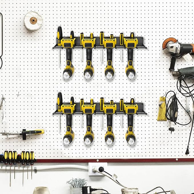 2 Pack Drill Holder Wall Mount, Power Tool Organizer, 4 Cordless Metal Drill Racks with Screwdriver Hole, Heavy Duty Garage Tool Organizer Storage Rack for Workshop Tool Room Basement