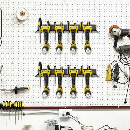 2 Pack Drill Holder Wall Mount, Power Tool Organizer, 4 Cordless Metal Drill Racks with Screwdriver Hole, Heavy Duty Garage Tool Organizer Storage Rack for Workshop Tool Room Basement