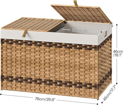HOOBRO Storage Basket with Lid, 42.3 Gallon (160L) Wicker Storage Basket with 2 Separate Lid, Blanket Storage Bin with 2 Removable Liner Bags, for Bedroom, Laundry, Natural and Brown NL276CW01