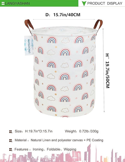 Laundry Basket Canvas Fabric Collapsible Organizer Basket for Storage Bin Toy Bins Gift Baskets Bedroom Clothes Children Nursery Hamper (Round Cloud Rainbow)