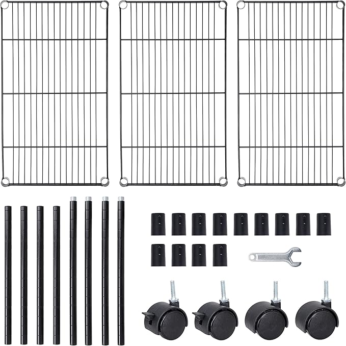 SUPER DEAL 3-Shelf Adjustable Heavy Duty Storage Wire Shelving Unit with Wheels, Metal Organizer Wire Rack Microwave Utility Cart, Black (24L x 14W x 31H)