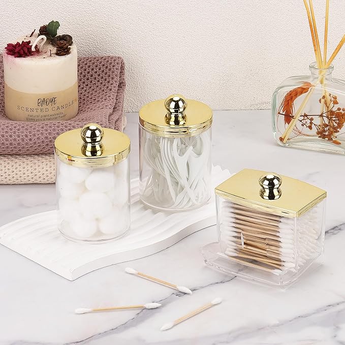 Tbestmax 10oz Cotton Ball Holder 7oz Qtips Dispenser, Bathroom Container Organizer for Storage Cotton Swabs, Pads - Apothecary Jar with Gold Lids