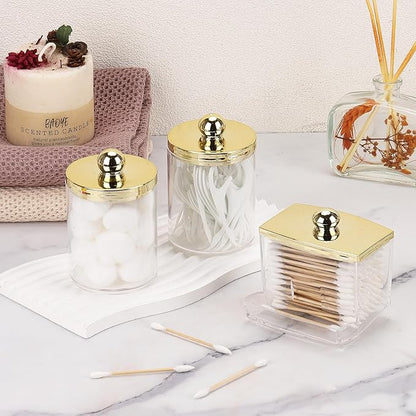 Tbestmax 10oz Cotton Ball Holder 7oz Qtips Dispenser, Bathroom Container Organizer for Storage Cotton Swabs, Pads - Apothecary Jar with Gold Lids