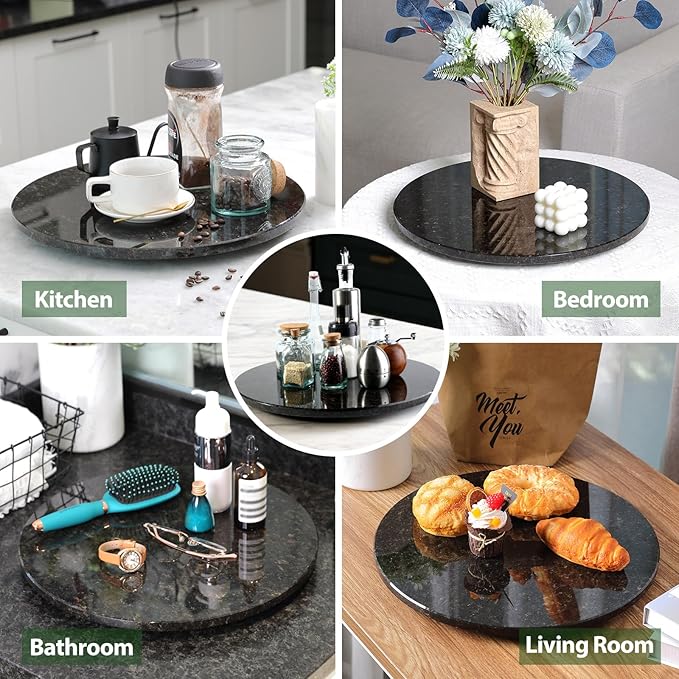 Marble Lazy Susan, 16 in Lazy Susan Turntable Organizer for Cabinet Pantry Kitchen Countertop Fridge Bathroom Makeup Vanity Countertop - Black