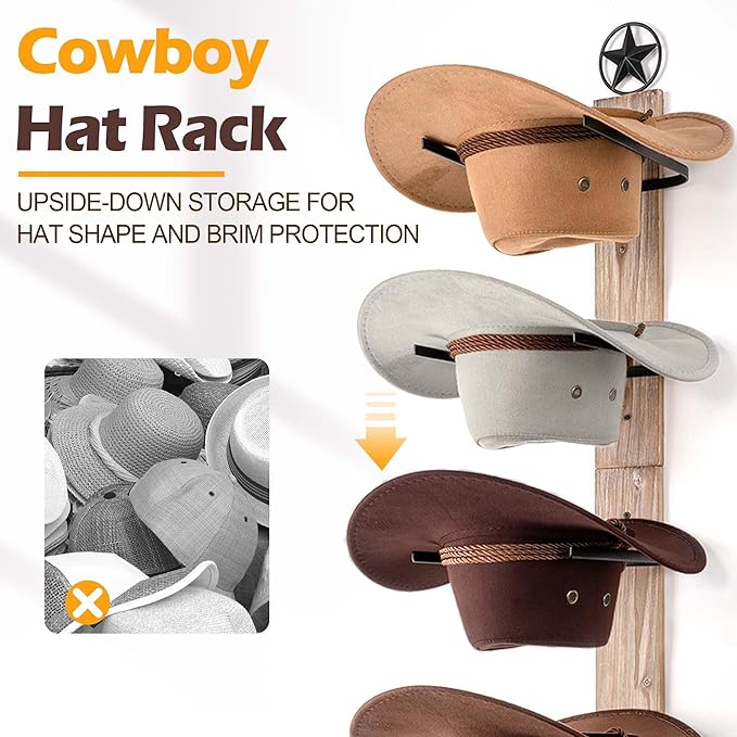 Cowboy Hat Rack Holder for Wall: 6 Pack Cowboy Hat Rack for Wall Mount, Metal Wild Western Style Design Hat Organizer Storage Cowboy Hats Hanger Hooks for Fedora, Sun Hats, Wide Brim