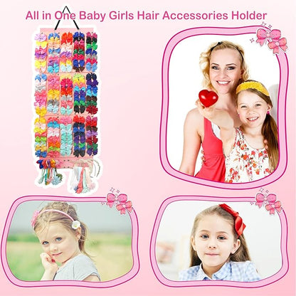 Hair Bows Holder & Organizer w/Extra Large Capacity, Head Bows Hanger, 27 Ribbons, Baby Hair Accessory Storage Display with Sturdy Rope, Wall Hanging for Girl Room