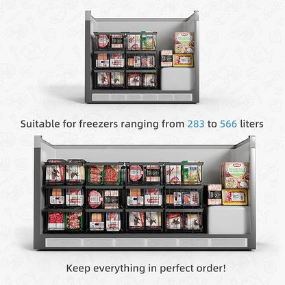 Deep freezer organizer bins-Fit 10 to 20 Cu.FT，4Pcs stackable wire baskets for freezer，Vegetable Fruit Basket，kitchen countertop organizer，U-shaped front opening，Black,15.94"L ×13"W ×8"H