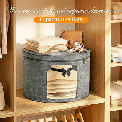 Hat Boxes for Women/Men Storage, 16" D x 10" H, Round Hats Storage Box Container for Closet, Clothes Storage Bin for Stuffed Animal Toy, Foldable Caps Organizer for Travel with Dustproof Lid (Grey)