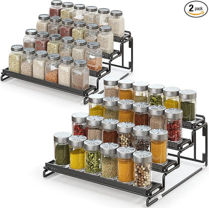 4 Tier Spice Rack Organizer for Cabinet, Black (2 Pack) Seasoning Organizer Rack for Inside Cabinets, Countertop, Pantry Storage