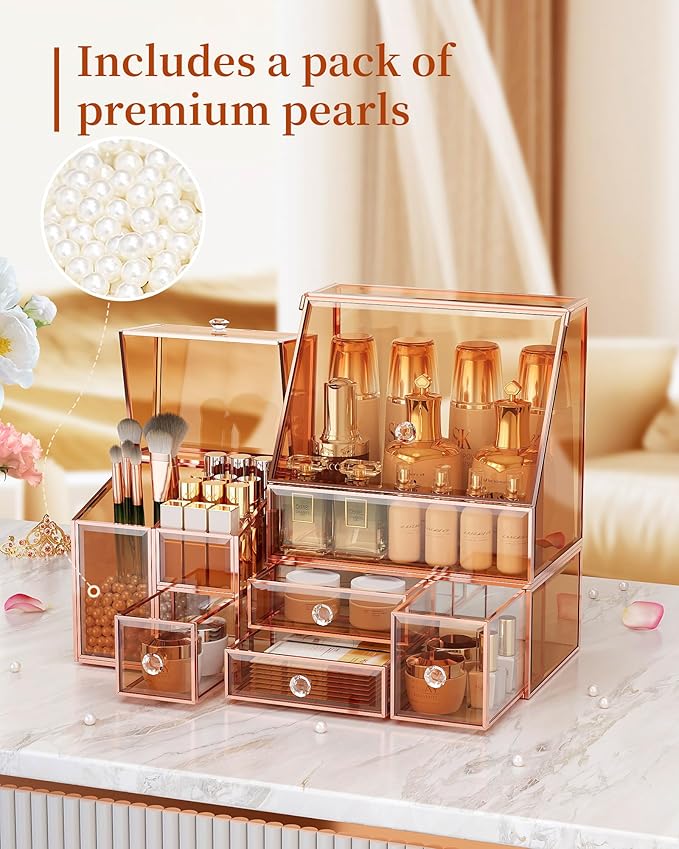Youdepot Glass Makeup Storage for Vanity and Bathroom Countertop – Large Cosmetic Display Case and Skincare Storage Solution