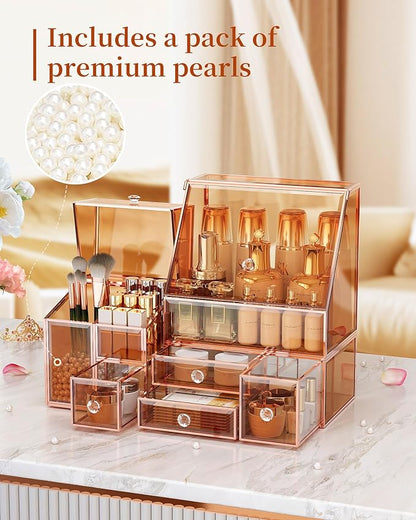 Youdepot Glass Makeup Storage for Vanity and Bathroom Countertop – Large Cosmetic Display Case and Skincare Storage Solution