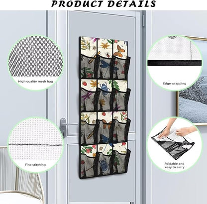 Butterfly Dragonfly Over The Door Shoe Organizer,12 Mesh Pockets Hanging Storage Shoe Rack,Hanger Storage Organizer for Closet,Classroom Headphone Storage,Over Door Organizer