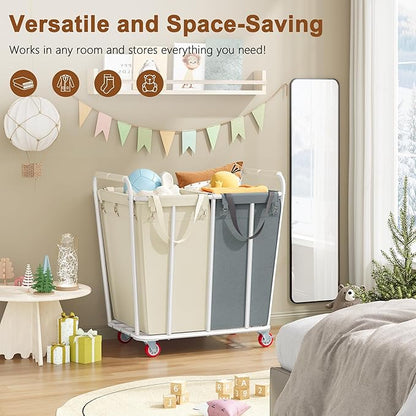 Hoctieon 2 Section Laundry Sorter Cart, 400L Rolling Hamper with Wheels, Industrial Laundry Basket Organizer, Extra Large Dirty Clothes Hamper for Home & Hotel, Heavy Duty, Gray+Beige