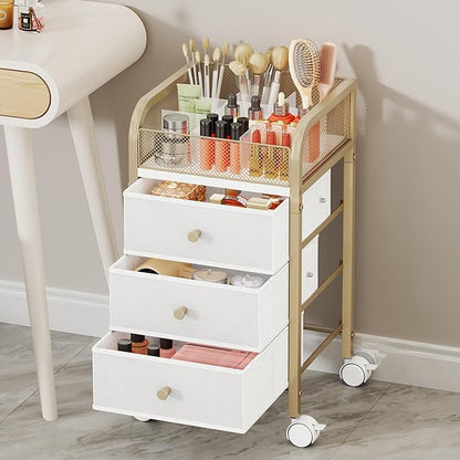 SWTYMIKI Rolling Makeup Organizer Cart - Under Desk Vanity Makeup Storage with 3 Non-woven Drawers, Nail Cart Organizer Cosmetic Display Cases Cabinet for Skin Care Perfume Nail Polish Brush Hair Tool
