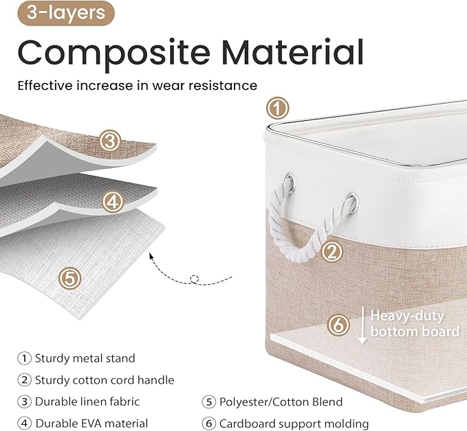 Large Storage Baskets- 15x11x10 inch Storage Bins for Shelves and Closet Organizing, Foldable Fabric Bin for Home Organization Clothes and Laundry (6-Pack, White&Khaki)