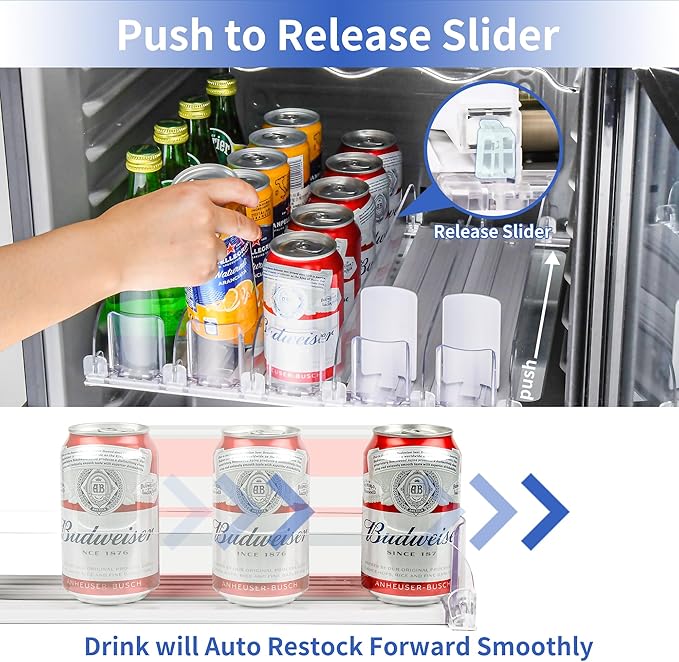Automatic Soda Can Dispenser for Refrigerator – 5-Row Drink Organizer Holds 25 Cans, Spring-Loaded Pusher, Fits 12oz/16oz/20oz Bottles, No-Tool Assembly