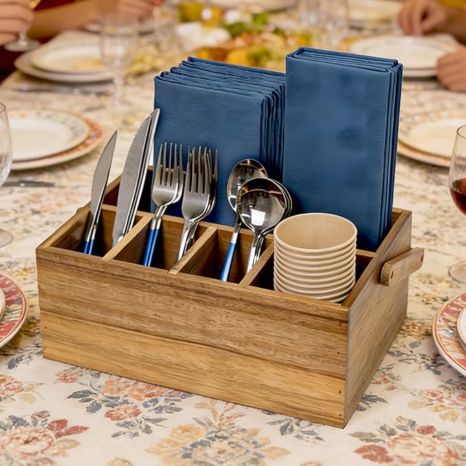 VaeFae Acacia Silverware Caddy with Handle, Wooden Utensil Holder, Mulip-pose Organizer for Kitchen, Office, Bathroom, Bedroom (Large, 5 compartments)