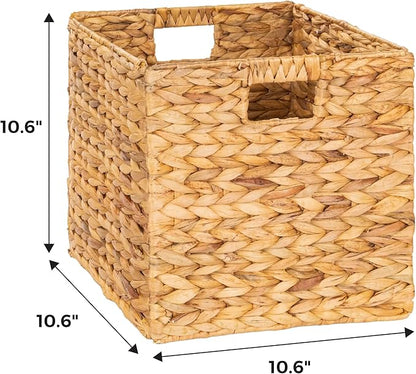 11x11in Pack of 4 Cube Storage Baskets, Water Hyacinth Multipurpose Collapsible Organizers, Handwoven Laundry Totes for Laundry, Living Room, Kids Room & Nursery - Natural