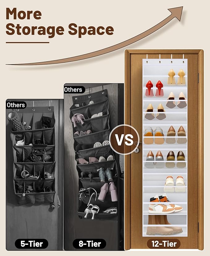 MISSLO 12 Tier Over the Door Shoe Organizer and 36 Pairs Clear Over the Door Shoe Organizer
