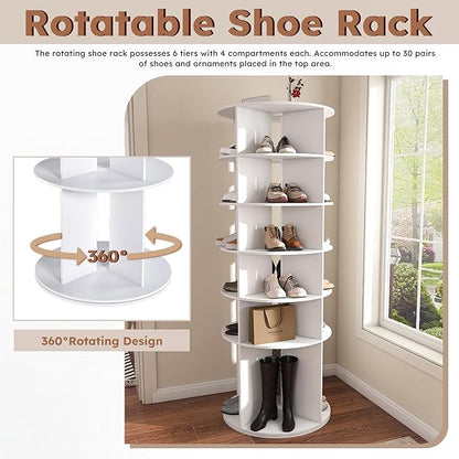 6 Tier Rotating Shoe Rack Tower, Spinning Shoe Tower Display Lazy Susan, Revolving 360° Shoe Rack Storage Round Carousel, Vertical Handbag Rotate Shoes Closet Organization