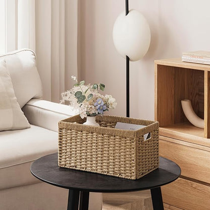 joybest Medium Wicker Baskets for Shelves, 13.4L x 8.3W x 7.1H inch Hand-woven Storage Baskets for Pantry Organizing, Foldable Rectangular Bin with Handles, 4-pack, Natural