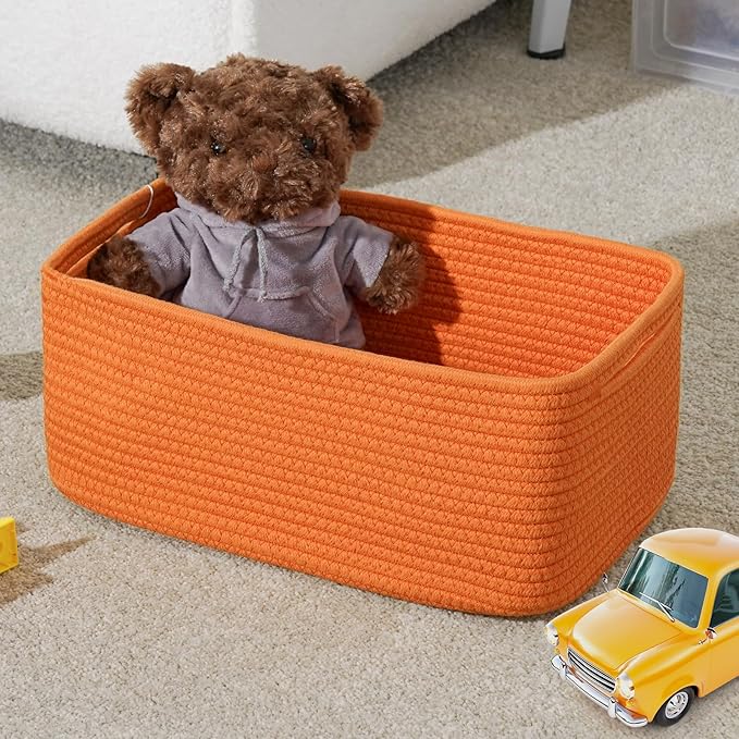 3-Pack Small Storage Baskets for Organizing | Woven Shelf Toy Basket | Rope Baskets for Gifts Empty | Closet Organizer Bins with Handles | Cube Decorative Box | 11.8×7.8×5.1” | Orange