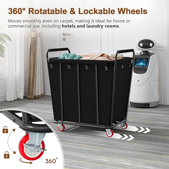 Hoctieon Large Laundry Cart with Wheels, 400L Heavy Duty Laundry Basket Organizer, Rolling Hamper Sorter for Clothes Storage, Industrial Dirty Clothes Hamper for Home & Hotel, Black