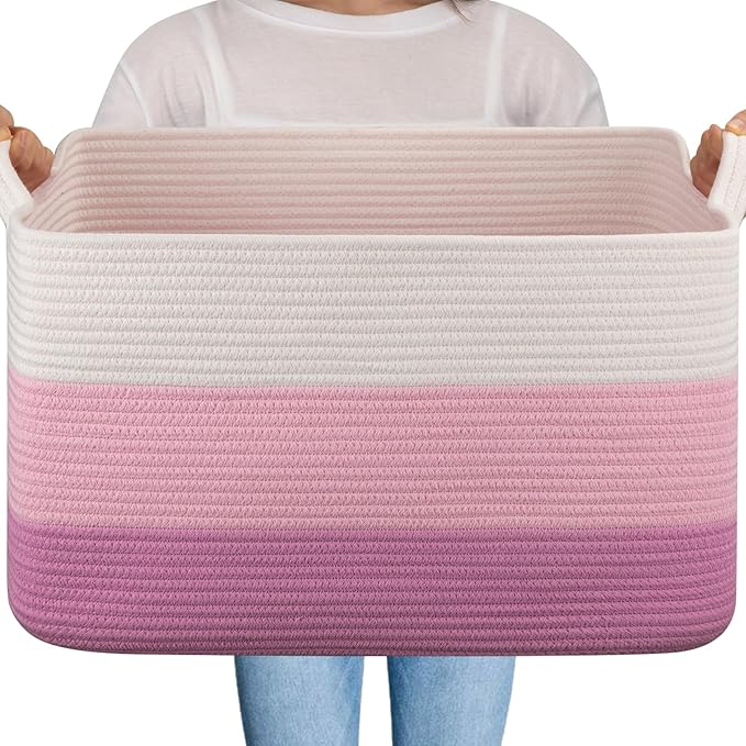 OIAHOMY Large Blanket Basket, 65L Cotton Rope Woven Laundry Basket, Toy Bin for Baby Room, Container for Blanket Storage in Living Room, 20''×16''×12'', Gradient Pink