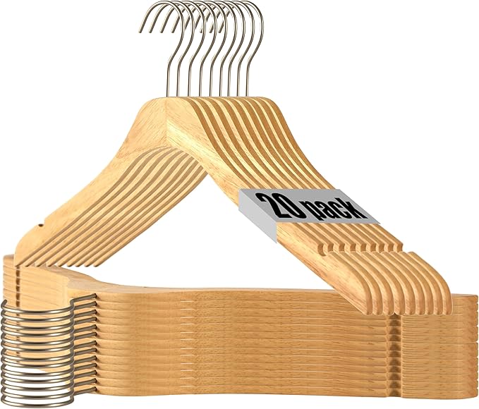 Natural Slim Solid Wood Coat 20 Pack Wooden Clothes Hangers,16.7inch Ultra Thin Space Saving Wooden Adult Hangers,Heavy Duty Suit Non Slip Hangers for Jacket Shir Suit